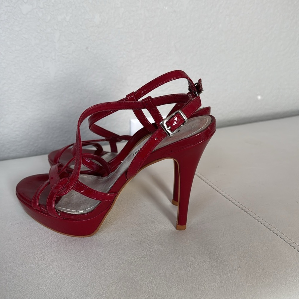 Red patent leather sling back open toe heels